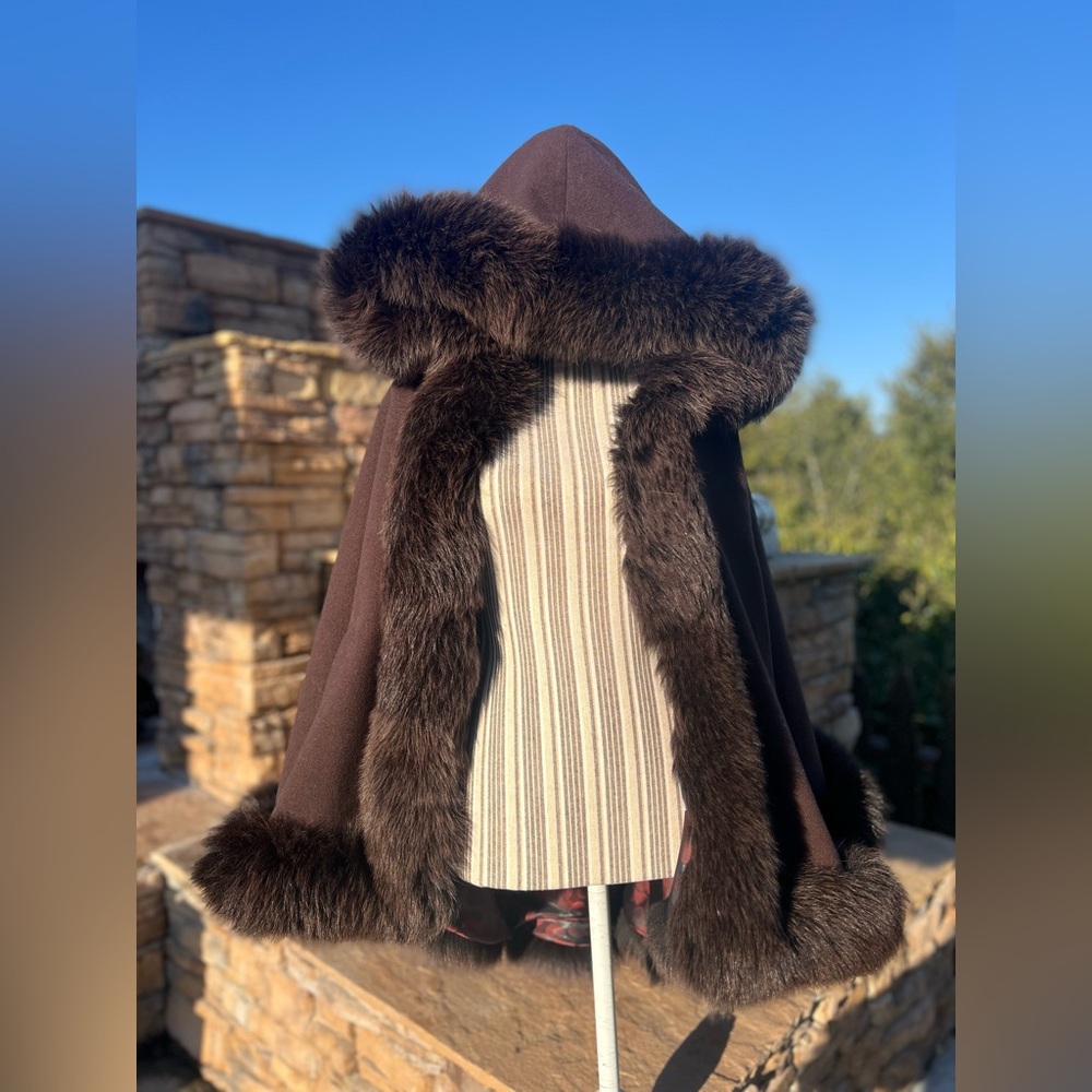 Brown Hooded Cape with Fox Fur Trim